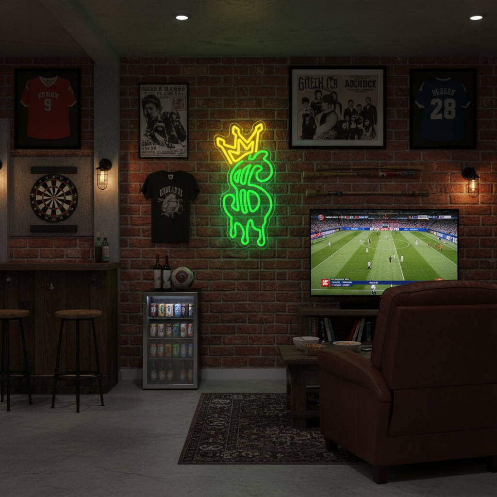 Dollar King Crown Man Cave LED Neon Sign shown in a room setting