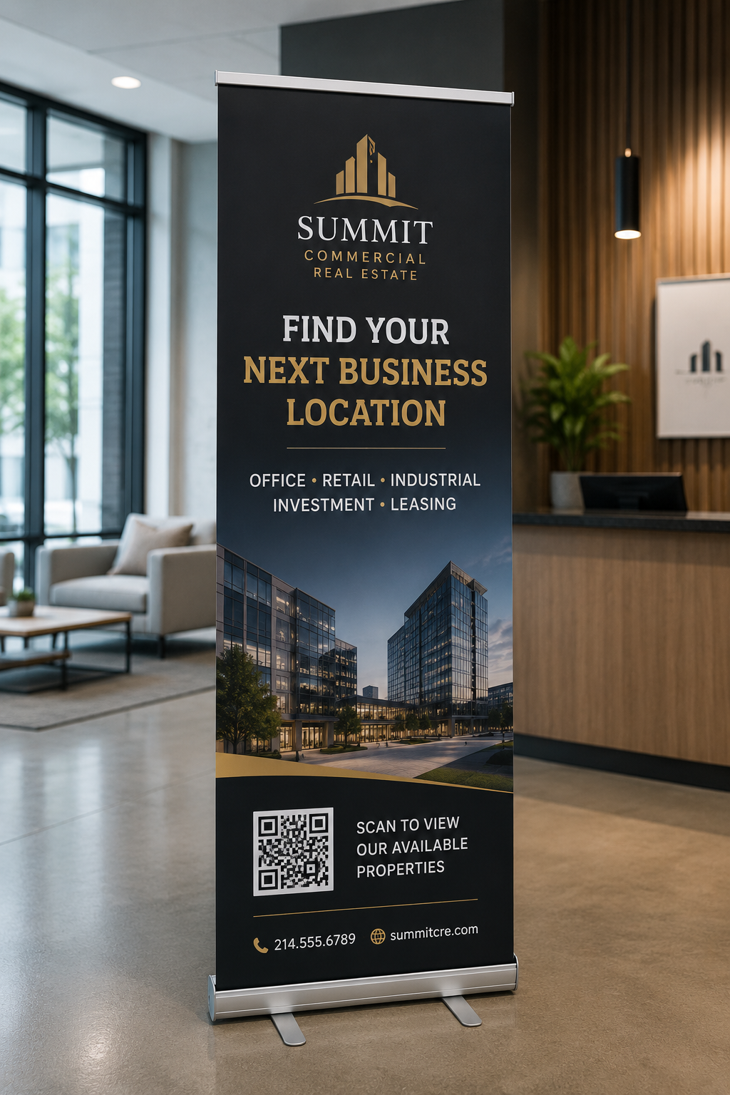 Summit realty retractable banner stand in an office lobby