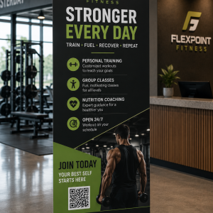 Fitness gym promo retractable banner stand with green accents
