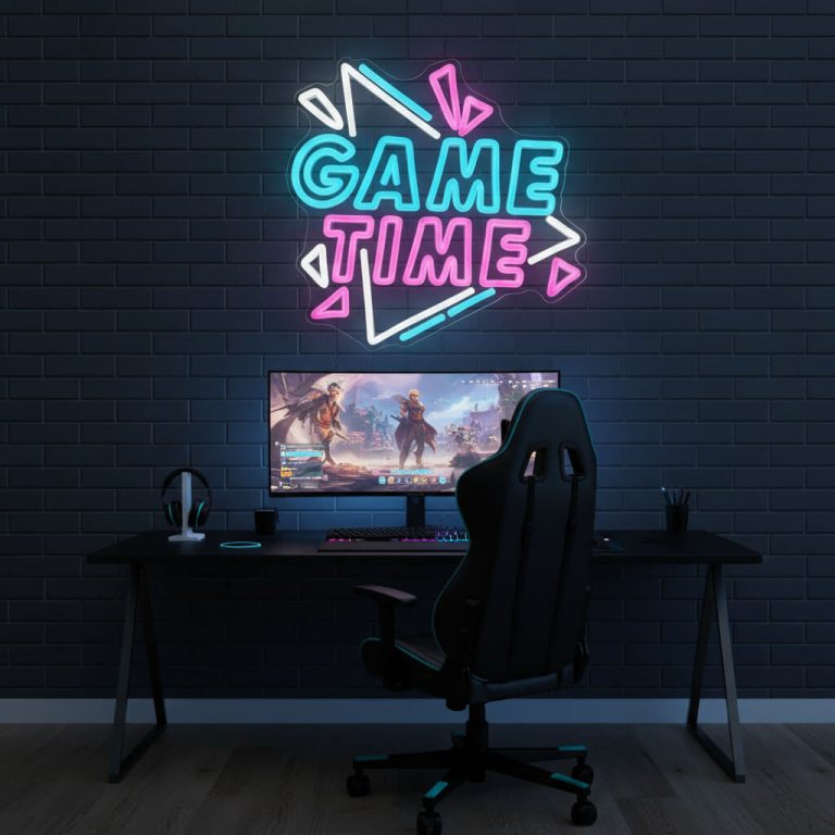 Game Time – Gaming LED Neon Sign shown in a room setting