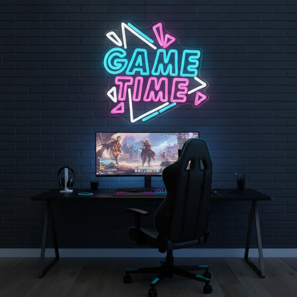 Game Time – Gaming LED Neon Sign shown in a room setting