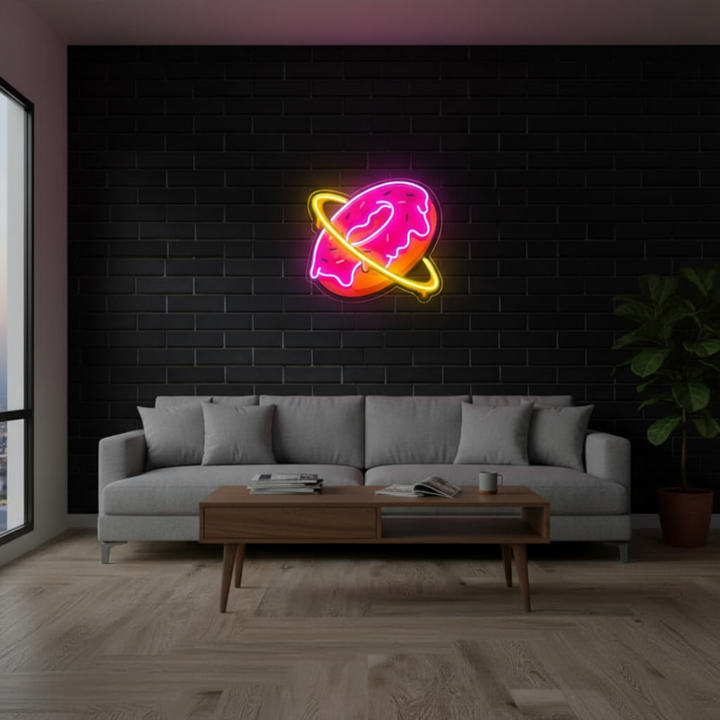 Glowy Donut Planet Home Decor UV Print LED Neon Sign shown in a room setting