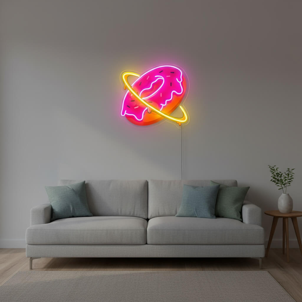 Glowy Donut Planet Home Decor UV Print LED Neon Sign shown in a room setting