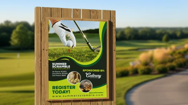 Hanging printed banner at an outdoor event