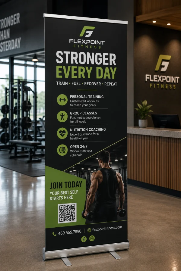 Fitness gym promo retractable banner stand with green accents