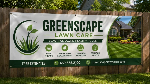 Greenscape Lawn Care white vinyl banner with grommets on a wooden fence