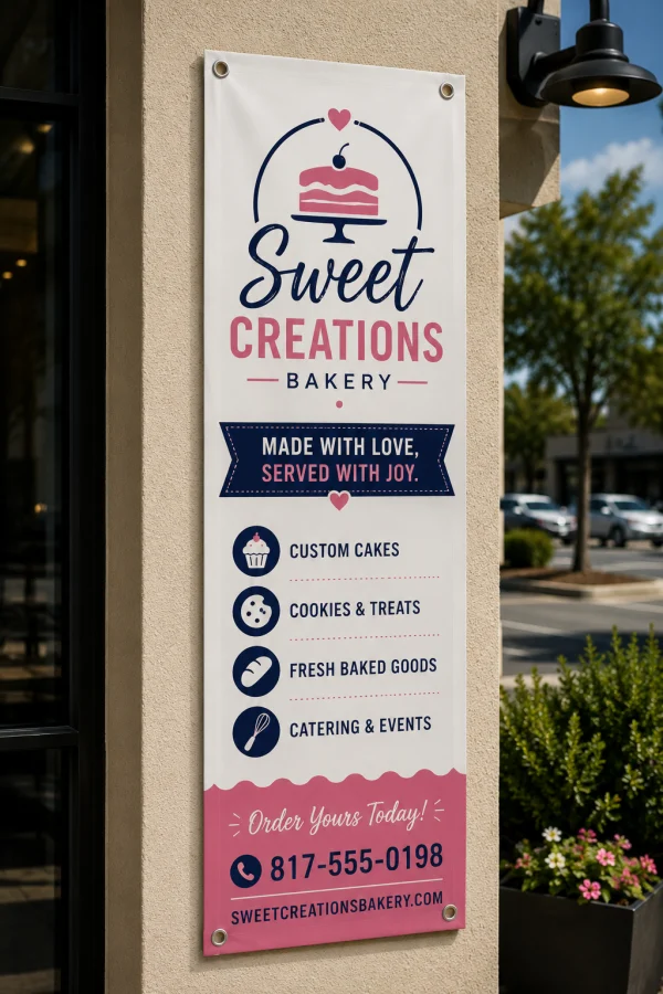Sweet Creations bakery pink and cream vertical no-curl banner