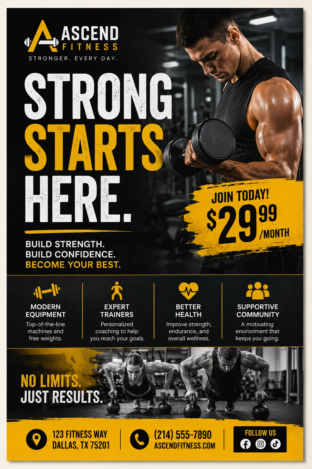 Gym membership promo poster with bold black and yellow fitness design