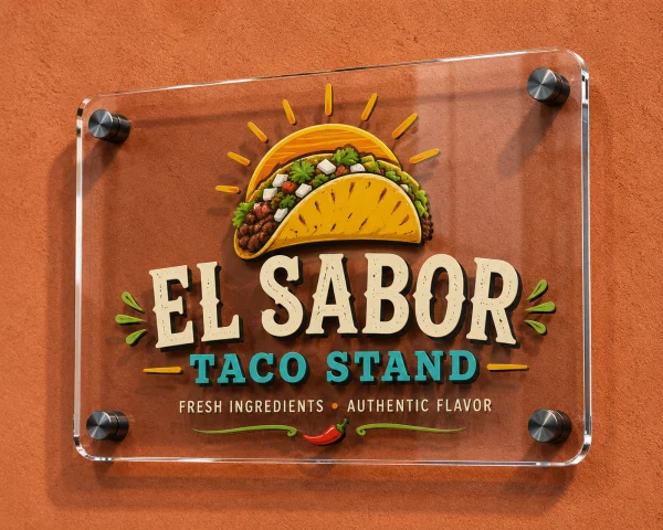 El Sabor Taco Stand acrylic sign with standoffs on an orange wall