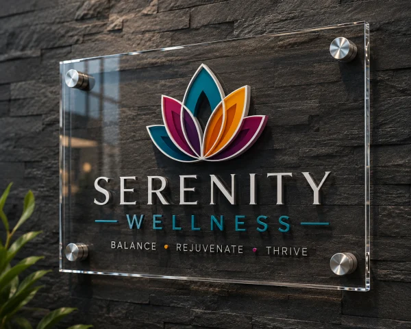 Serenity Wellness colorful lotus logo acrylic sign mounted on a dark slate wall