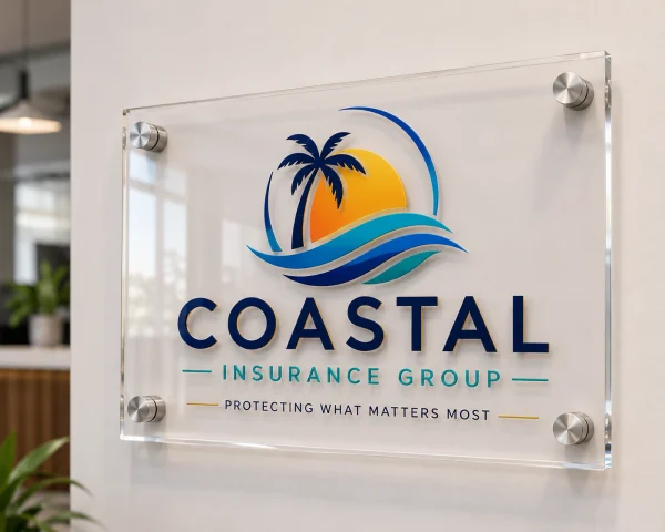 Coastal Insurance Group logo printed on a clear acrylic office sign