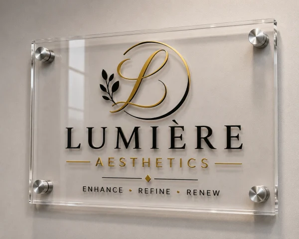 Lumière Aesthetics gold logo on a clear acrylic sign with silver standoff mounts
