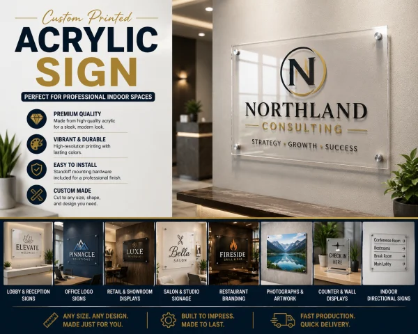 Acrylic sign product overview graphic with clear acrylic office sign on polished standoffs