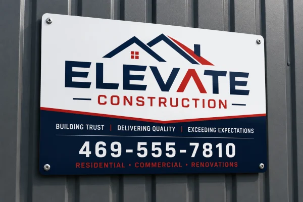 Elevate Construction white aluminum sign with bold red and navy branding on metal siding