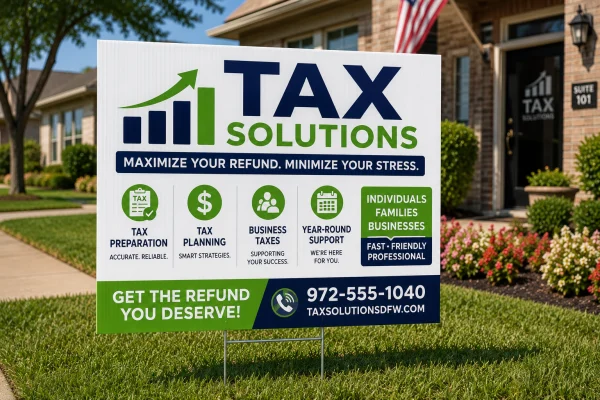 Tax Solutions corrugated plastic yard sign advertising tax preparation services outside a home