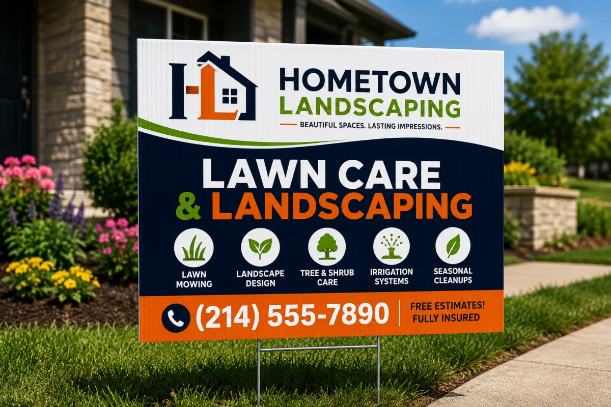 Hometown Landscaping lawn care corrugated plastic yard sign staked beside a flower bed