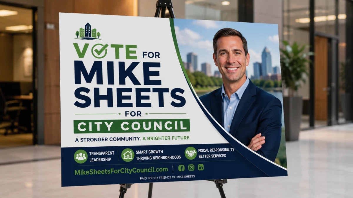 Vote for Mike Sheets city council foamcore campaign sign displayed on an easel in a lobby