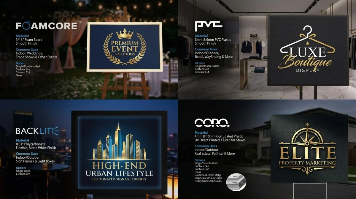 Catalog spread of foamcore, PVC, backlite and coro sign samples in premium mockups