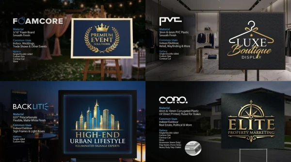 Catalog spread of foamcore, PVC, backlite and coro sign samples in premium mockups