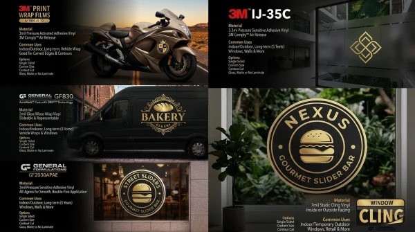 Catalog spread with 3M IJ-35C vehicle graphics, bakery van wrap and window cling mockups