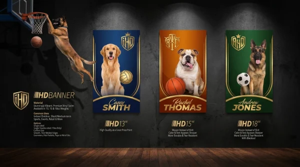Catalog spread of HD banner designs with sports and pet portrait banners