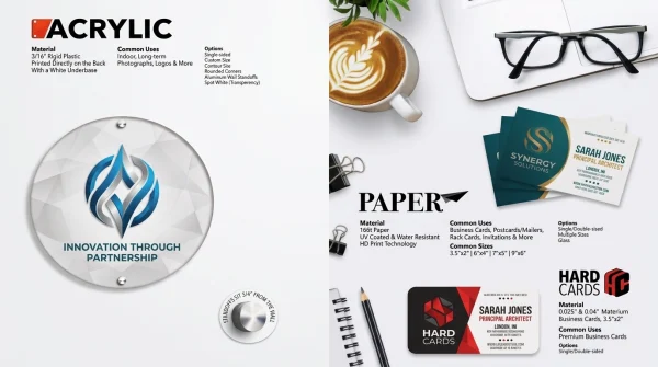 Catalog page with acrylic logo sign, paper menu prints and hard cards styled on a desk