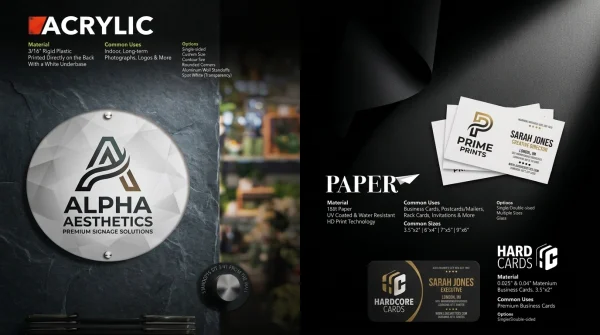 Catalog spread showing an acrylic disc sign, paper prints and aluminum hard card business cards