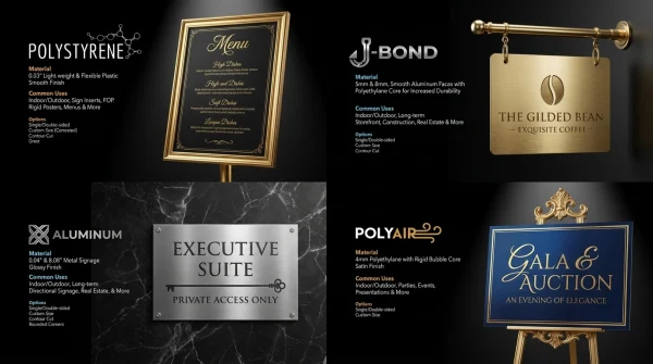 GetQuickSigns catalog spread with polystyrene, J-Bond, aluminum and PolyAir rigid sign samples in gold and marble mockups