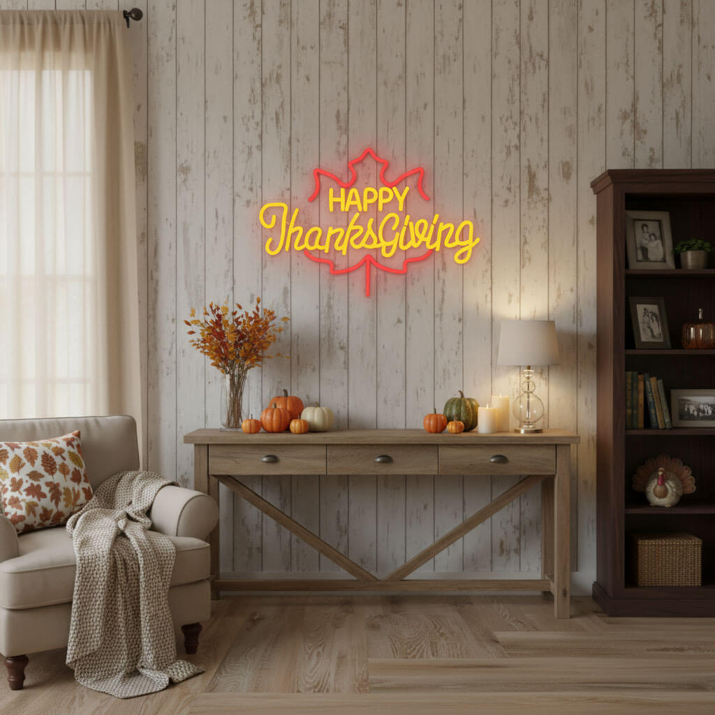 Happy Thanksgiving Warm Fall – Events Decor LED Neon Sign shown in a room setting