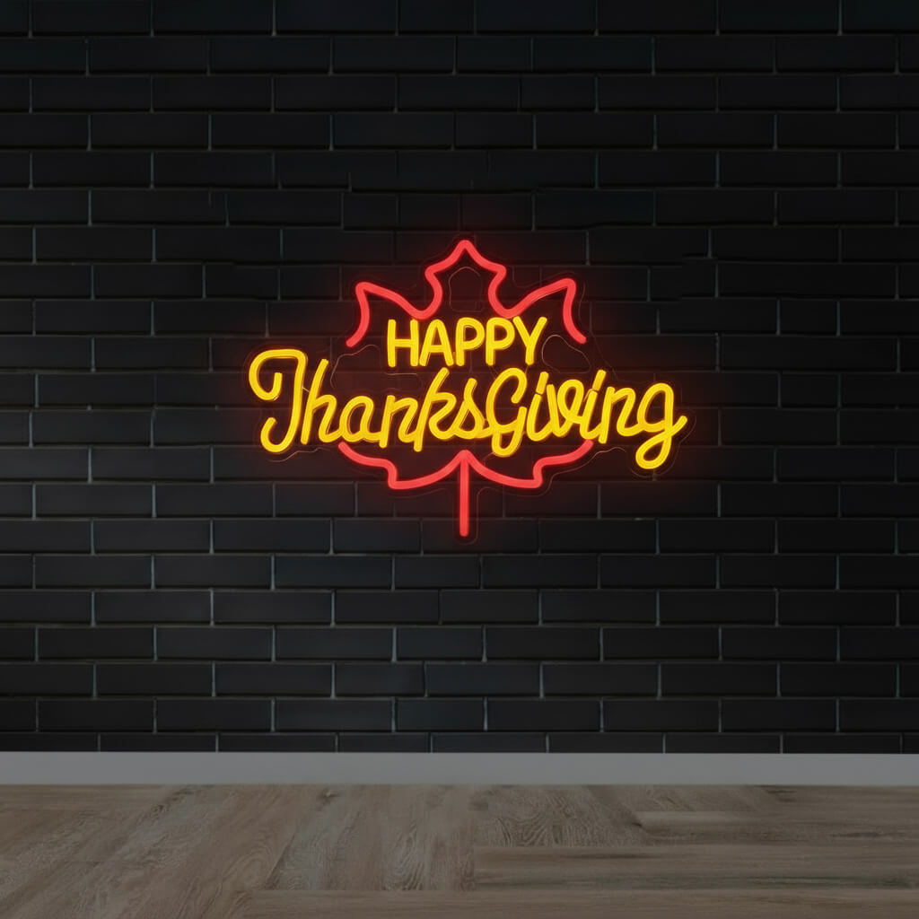 Happy Thanksgiving Warm Fall – Events Decor LED Neon Sign shown in a room setting
