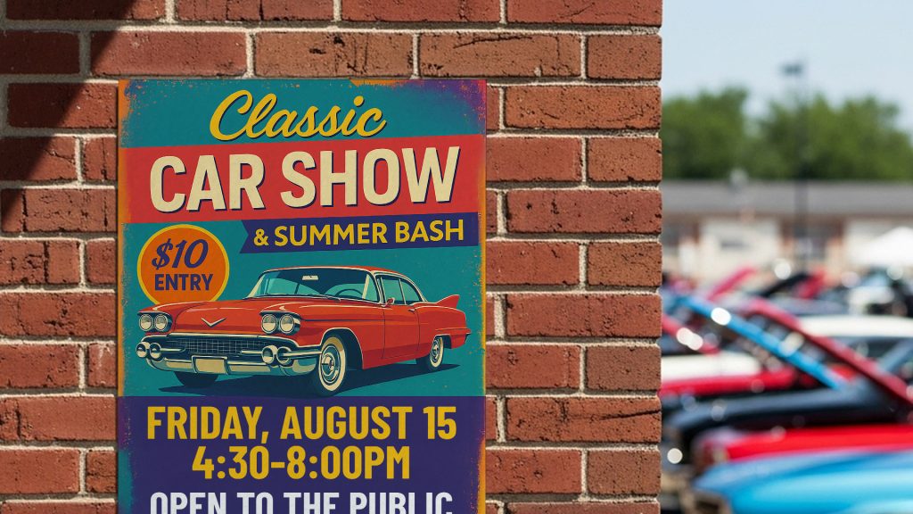Printed event banner at a car show