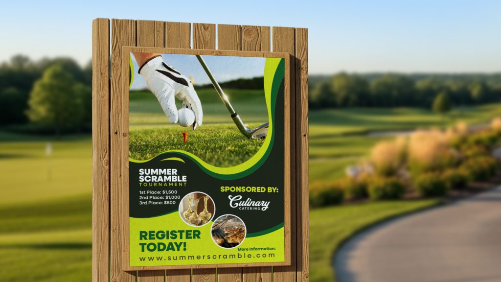 Hanging printed banner at an outdoor event