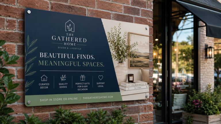 The Gathered Home boutique J-Bond sign mounted on a brick storefront wall
