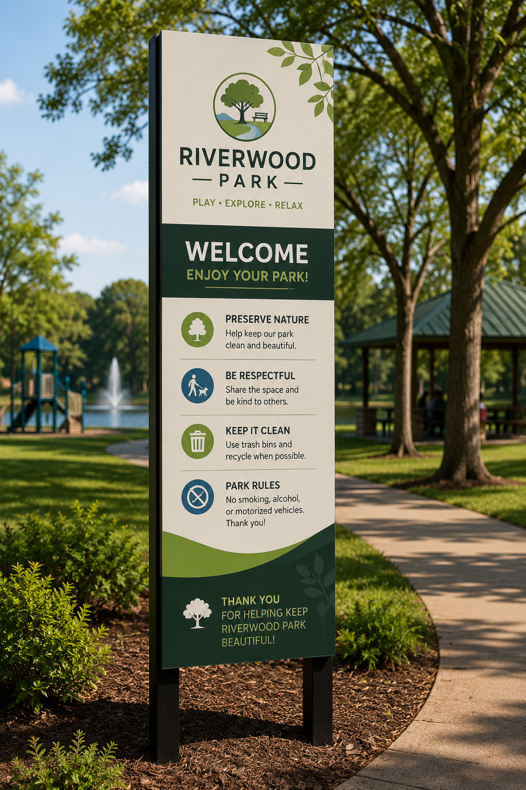 Riverwood Park welcome J-Bond sign on a post in a tree-lined park