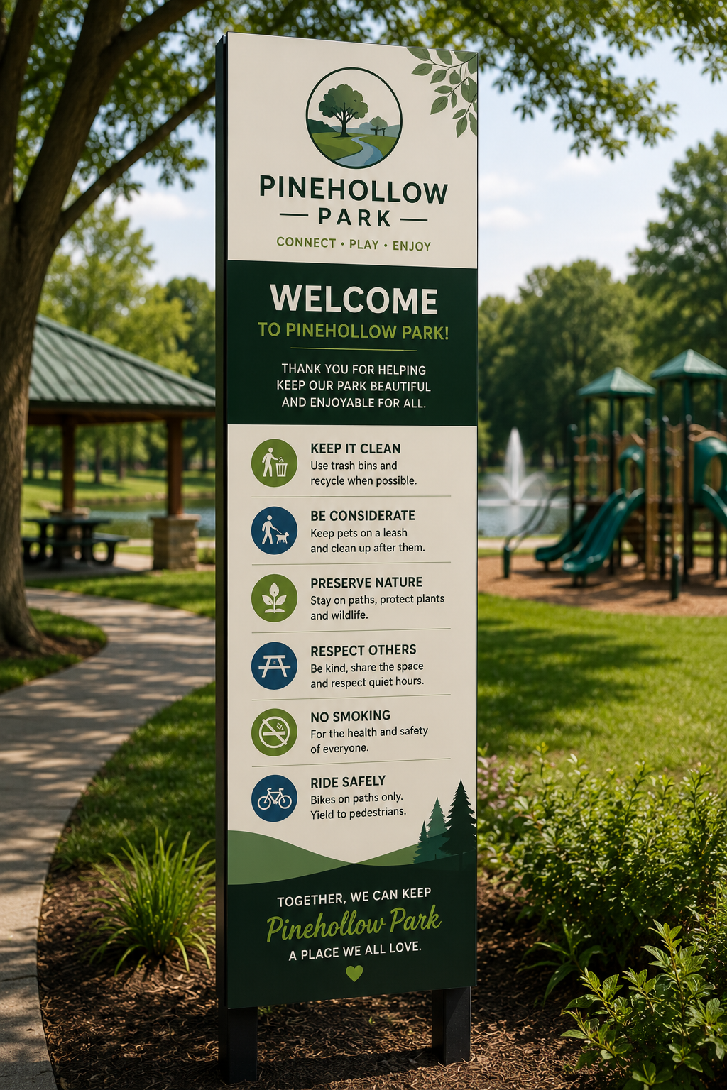 Community park welcome J-Bond sign with rules panel beside a playground