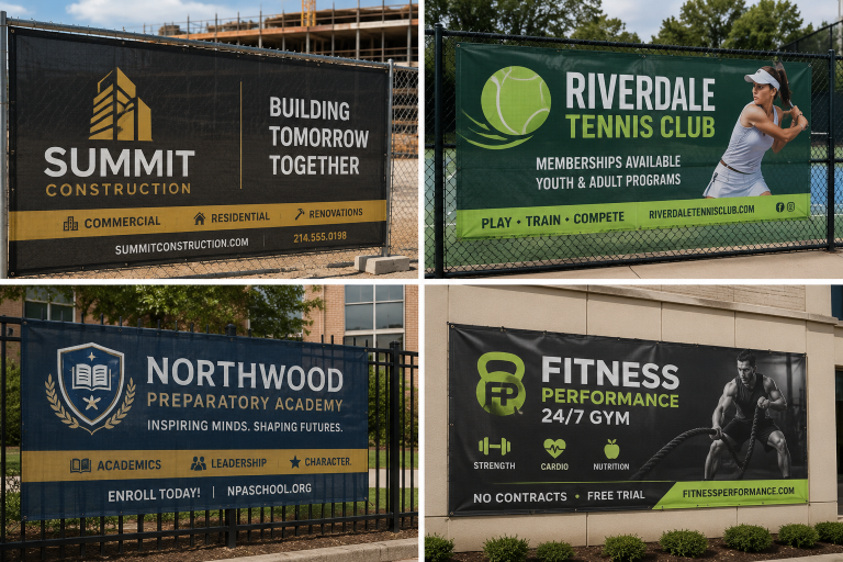 Four mesh banners zip-tied to a chain-link fence for construction, tennis club, academy and gym brands