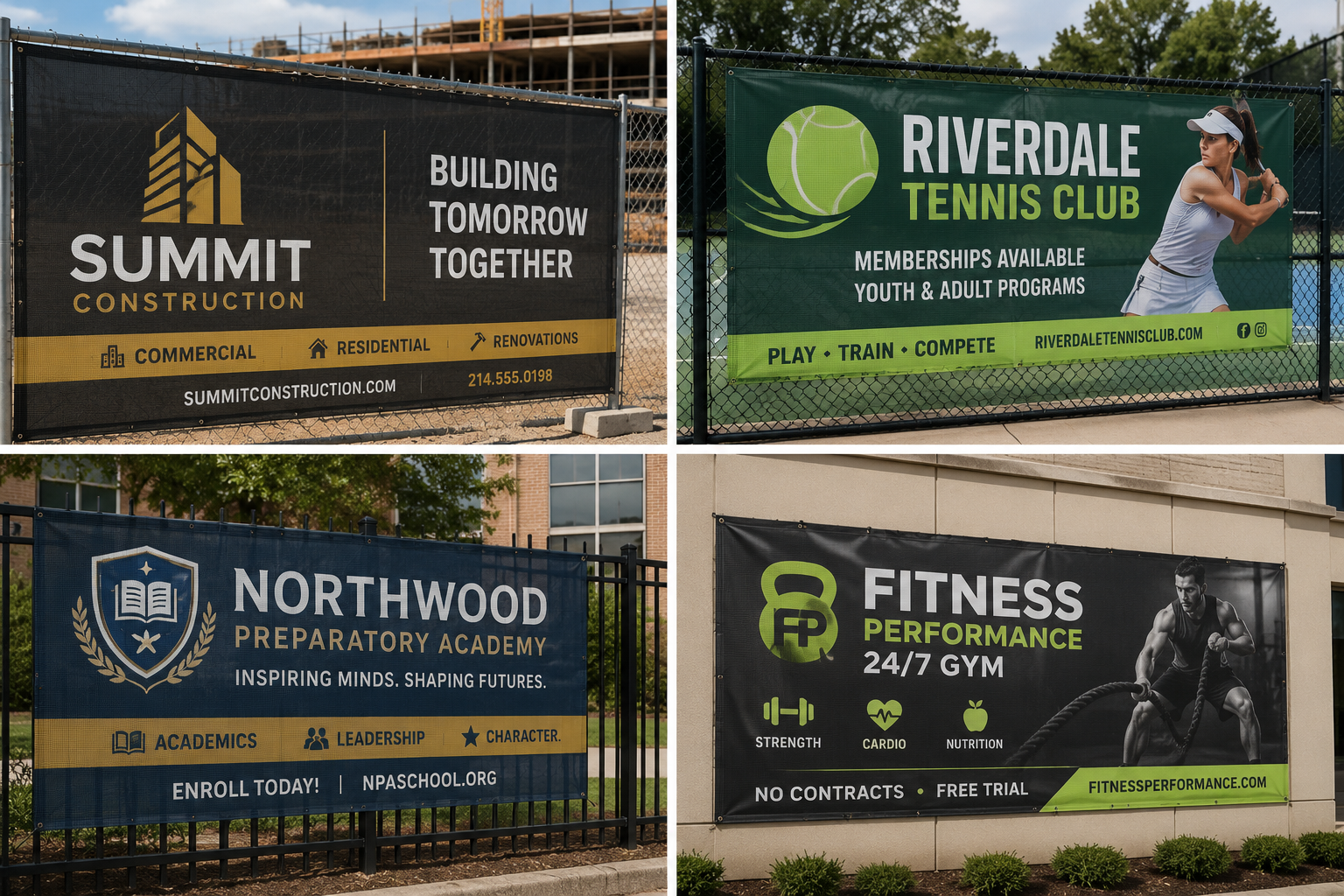 Custom mesh banners on a chain-link fence printed by Get Quick Signs