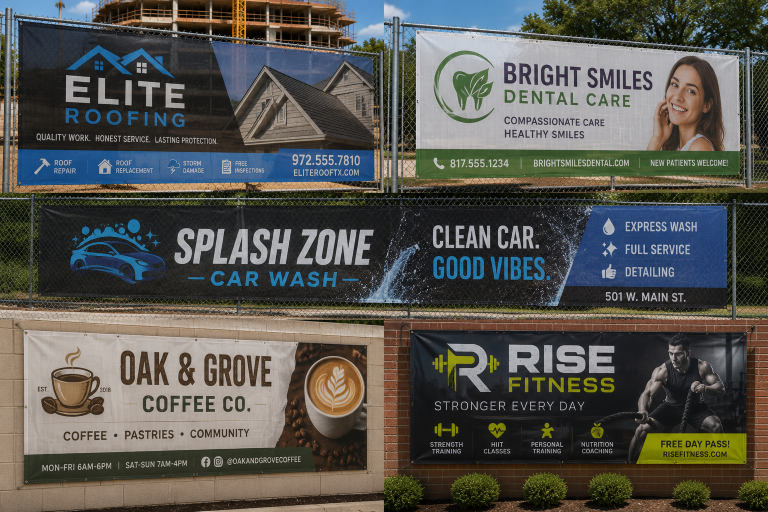Grid of mesh fence banners for roofing, dental, car wash, coffee and fitness businesses