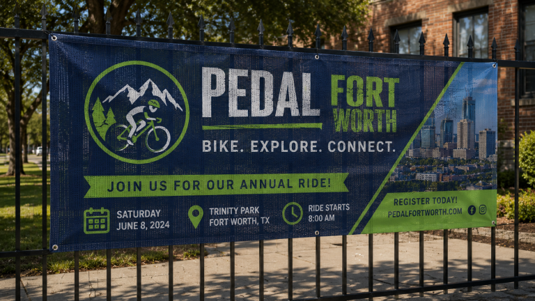 Pedal Fort Worth cycling event mesh banner on a metal fence
