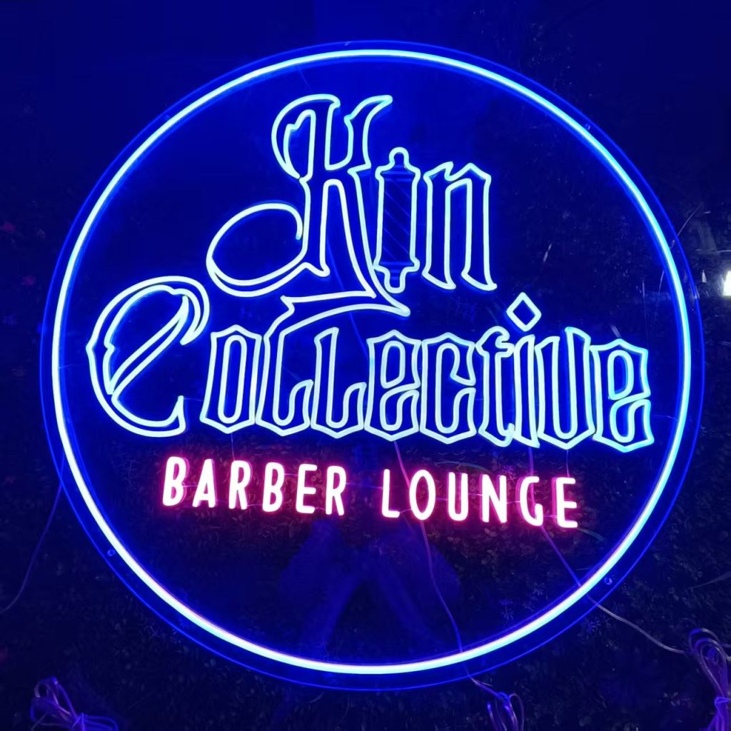 Custom LED neon sign installed above a bar
