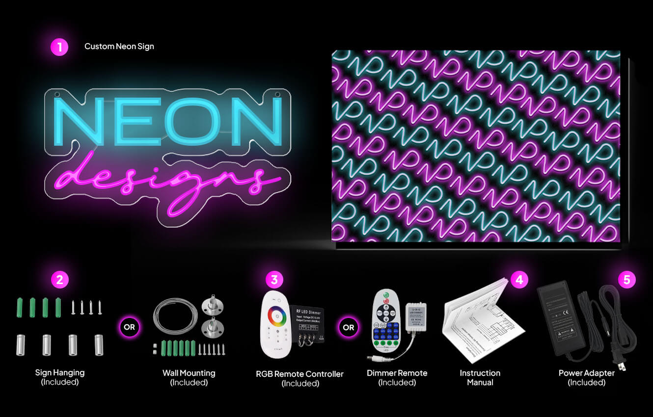 Everything included with a custom neon sign: sign, mounting kit, dimmer remote, power supply and manual