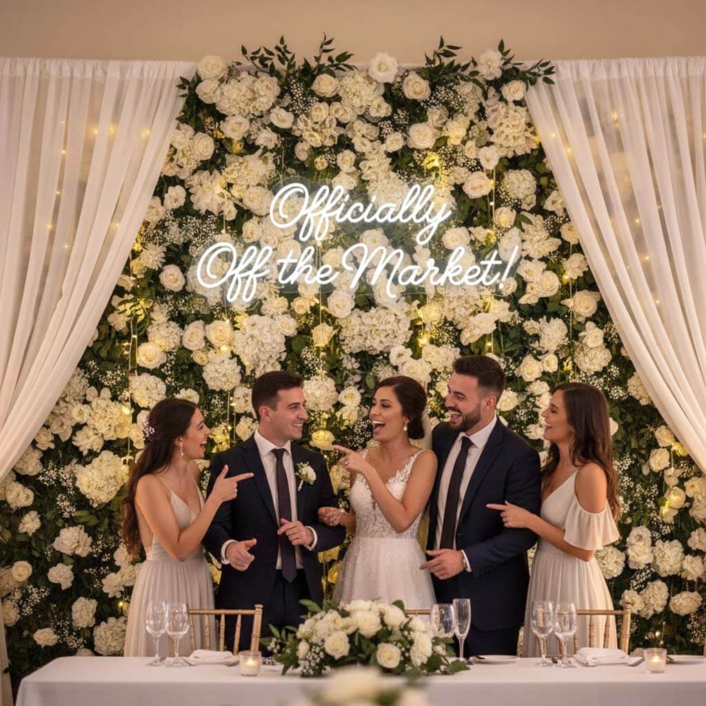 Officially Off the Market Funny Wedding Neon Sign shown in a room setting