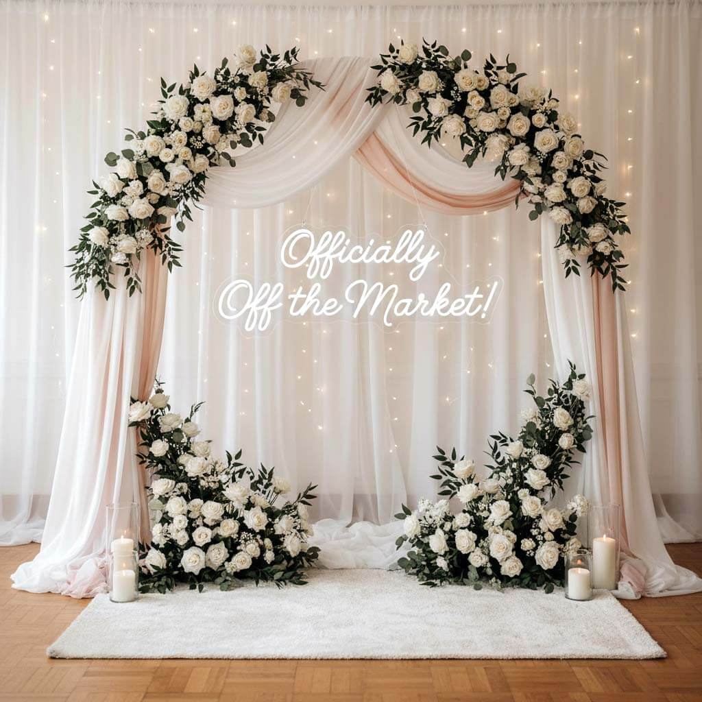 Officially Off the Market Funny Wedding Neon Sign shown in a room setting