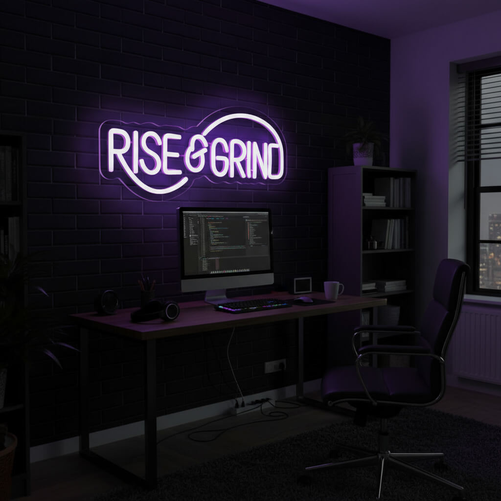 Rise and Grind – Inspirational LED Neon Sign shown in a room setting