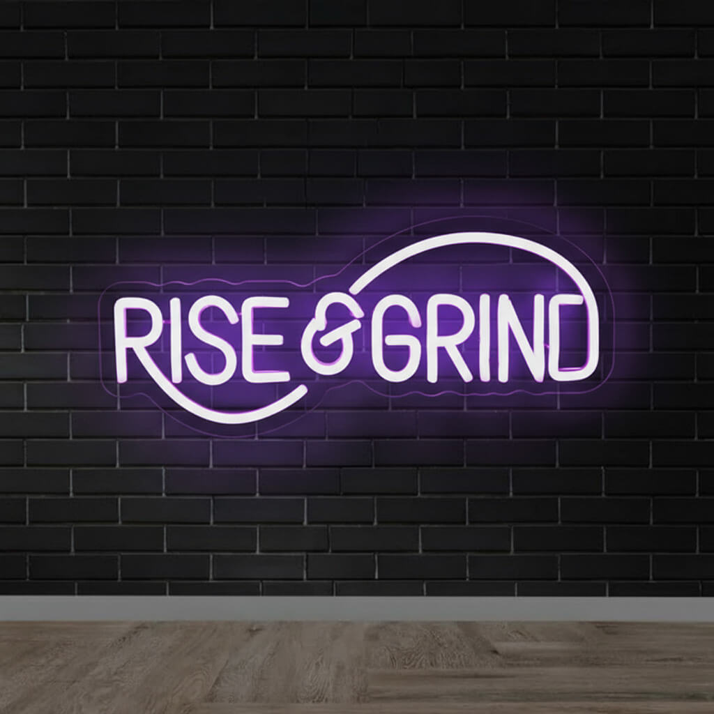 Rise and Grind – Inspirational LED Neon Sign shown in a room setting