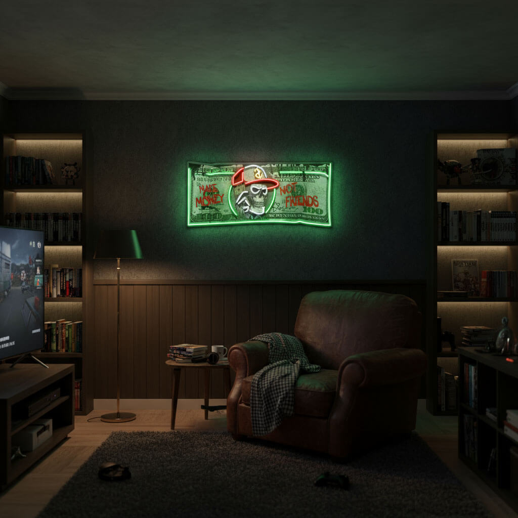 Skull Dollar Bill Man Cave UV Print LED Neon Sign shown in a room setting