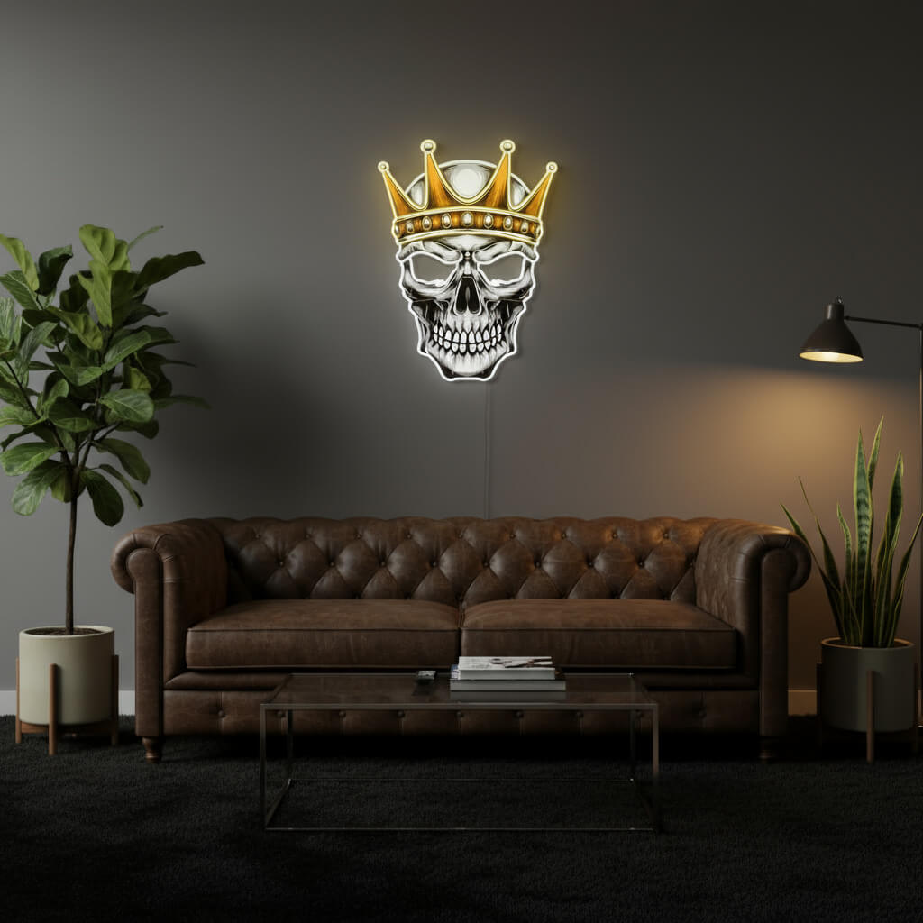Skull King Crown UV Print LED Neon Art Sign shown in a room setting