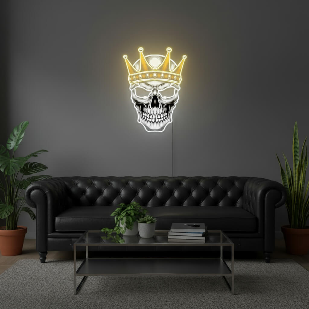 Skull King Crown UV Print LED Neon Art Sign shown in a room setting