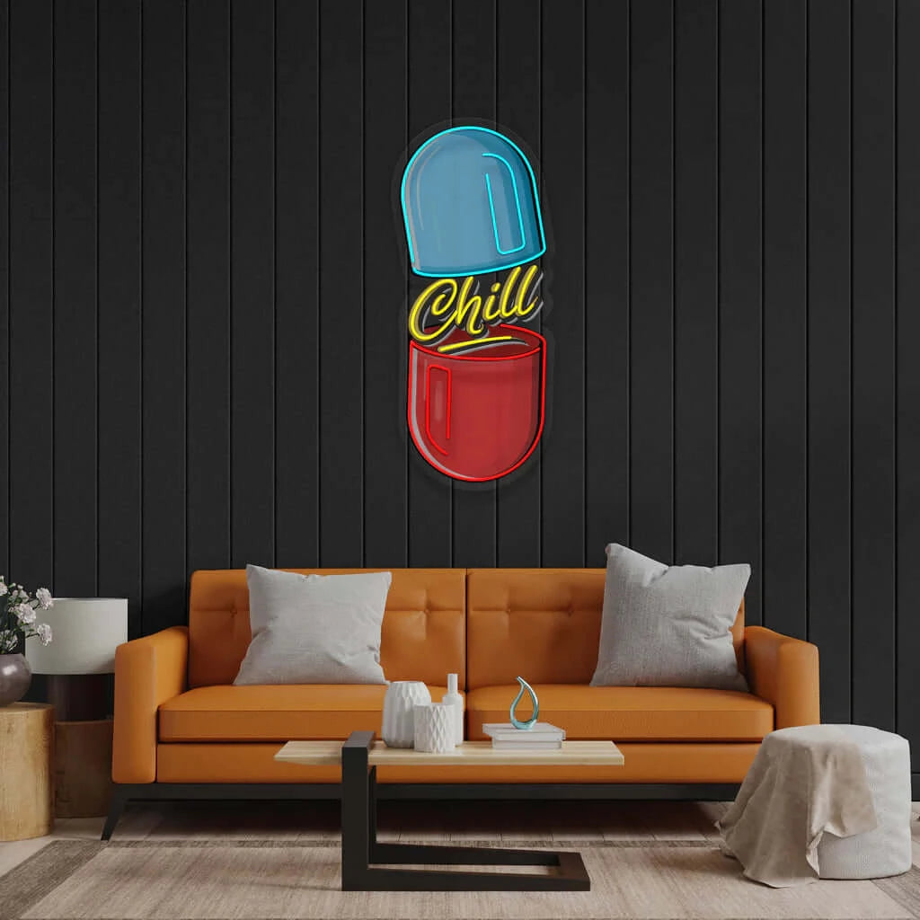 Chill Pill LED neon sign shown in a room setting