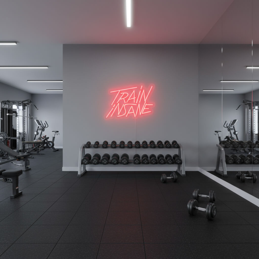Train Insane – Gym LED Neon Sign shown in a room setting